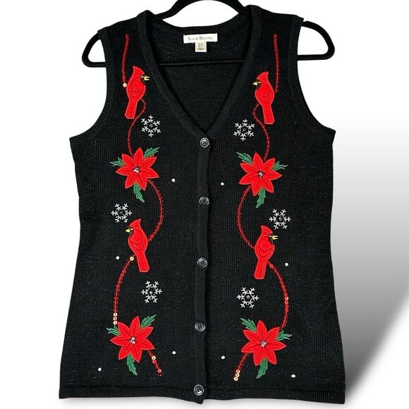 Susan Bristol Holiday Sweater Vest‎ WMN'S SM Poinsettia Cardinal Embroidery GUC - Picture 1 of 7